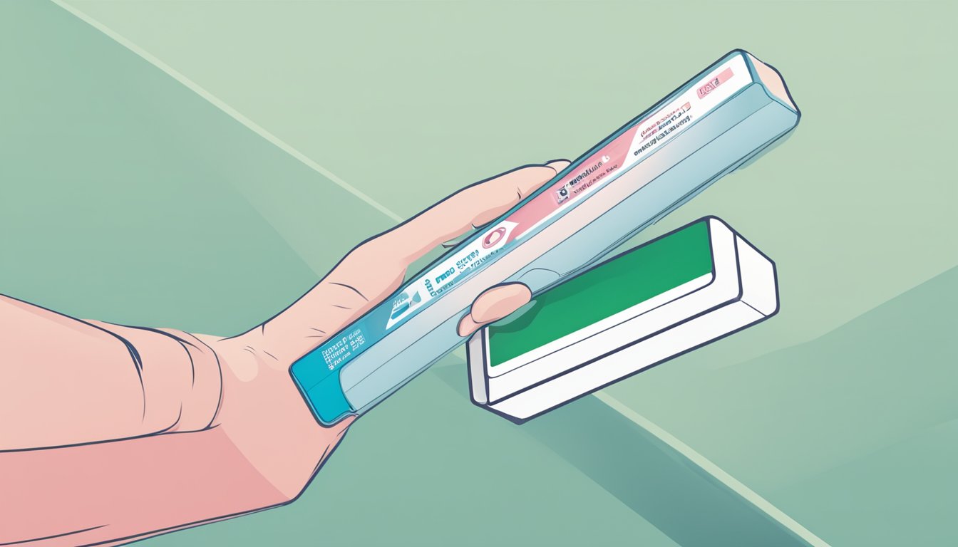 A hand holding a pregnancy test box with a stop sign in the background