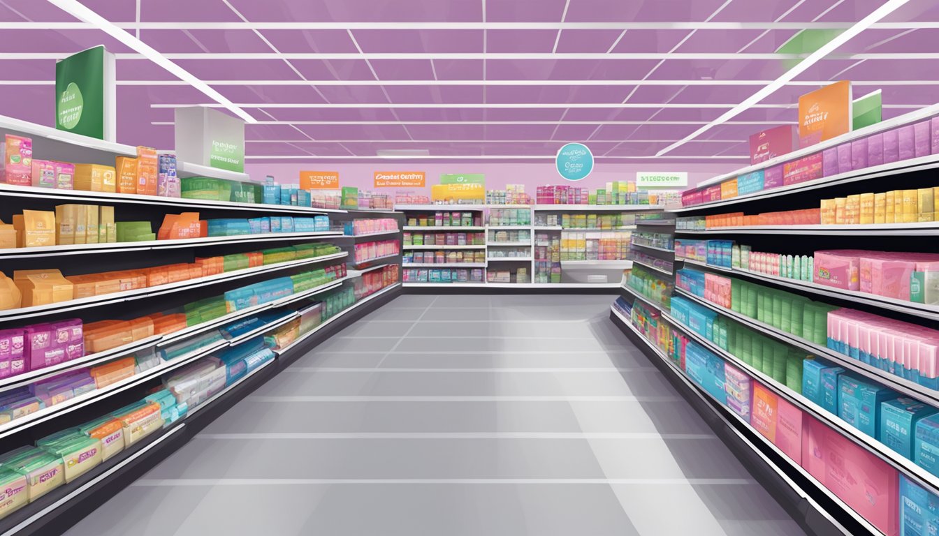 A supermarket aisle with shelves of various products, including a box of "Stop & Shop" branded pregnancy tests