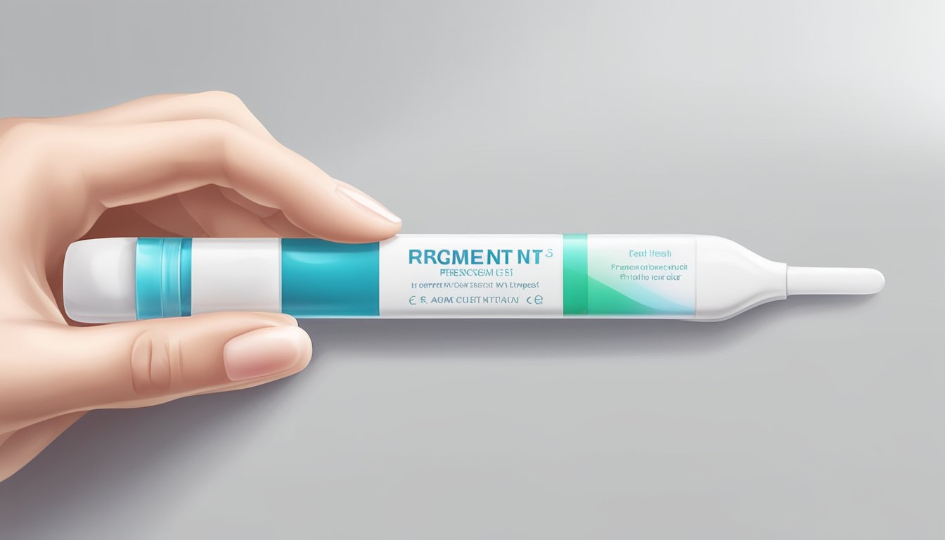 A hand holding a pregnancy test with a clear result displayed, placed on a clean, white surface with soft natural lighting