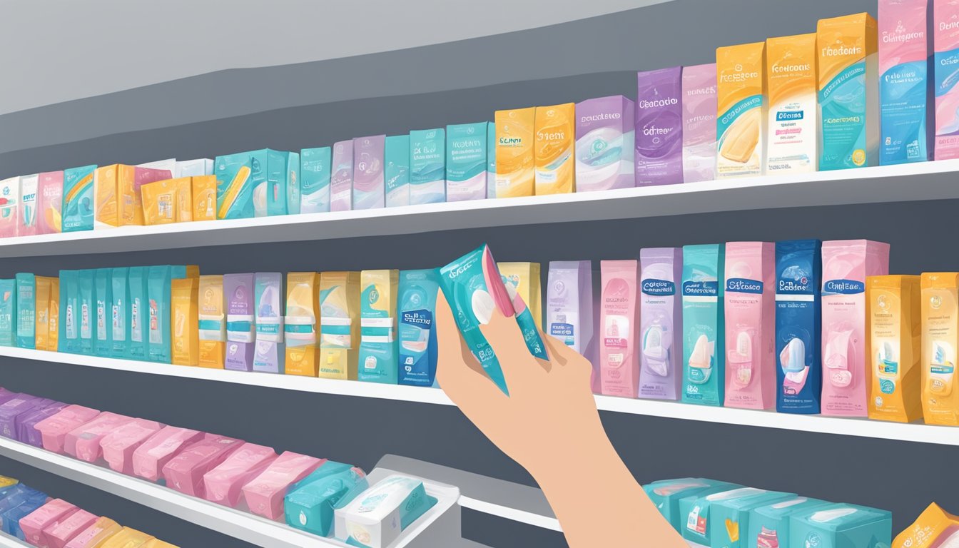 A hand reaching for a shelf lined with various pregnancy test kits at Albertsons, with colorful packaging and clear display