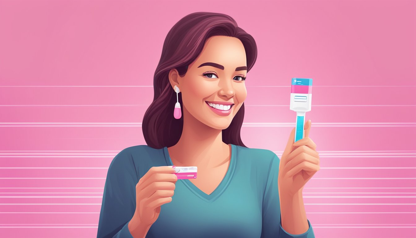 A smiling woman holds an Albertsons pregnancy test with two pink lines, indicating a positive result