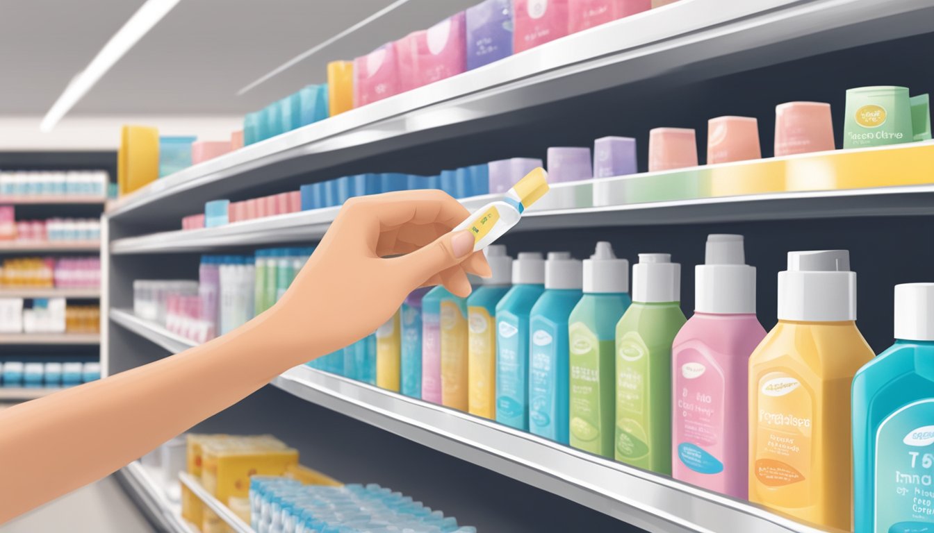 A hand reaching for a pregnancy test on a shelf in the personal care aisle at Ingles Markets