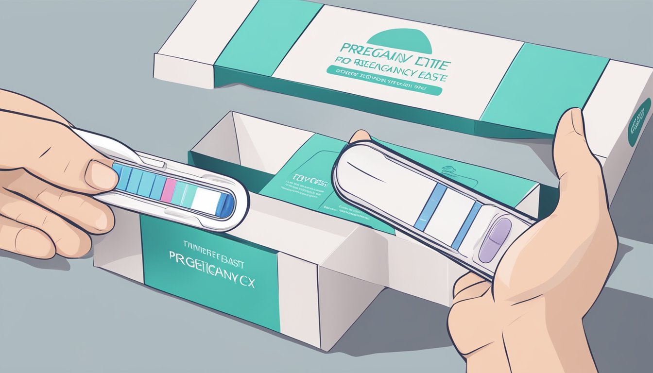 A hand holding a pregnancy test box with a clear illustration of proper usage and timing instructions