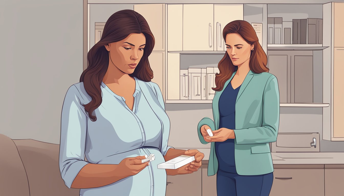 A woman holding a pregnancy test box, looking concerned