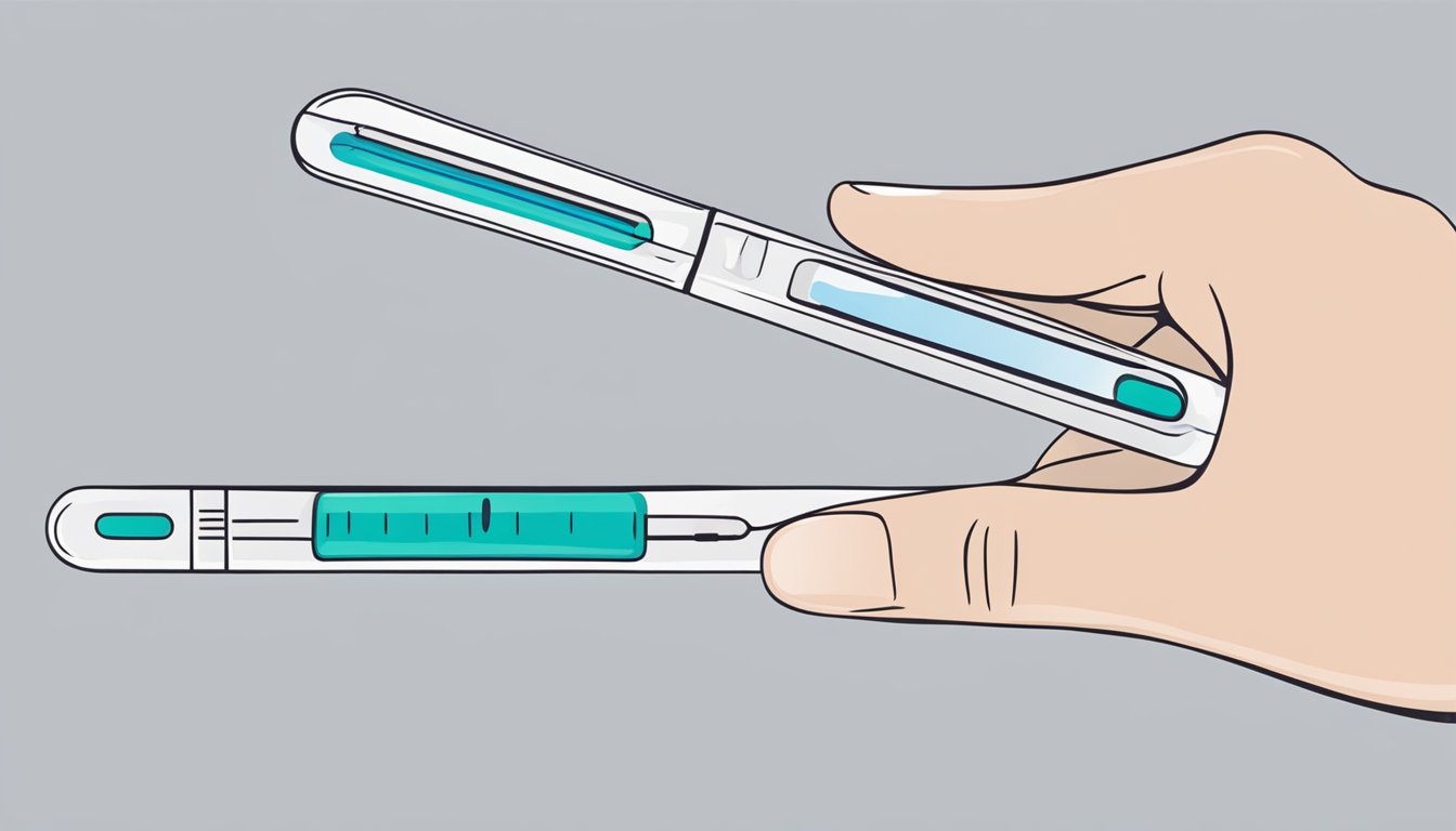 A hand holding a pregnancy test with two clear result windows, one showing a single line and the other showing two lines