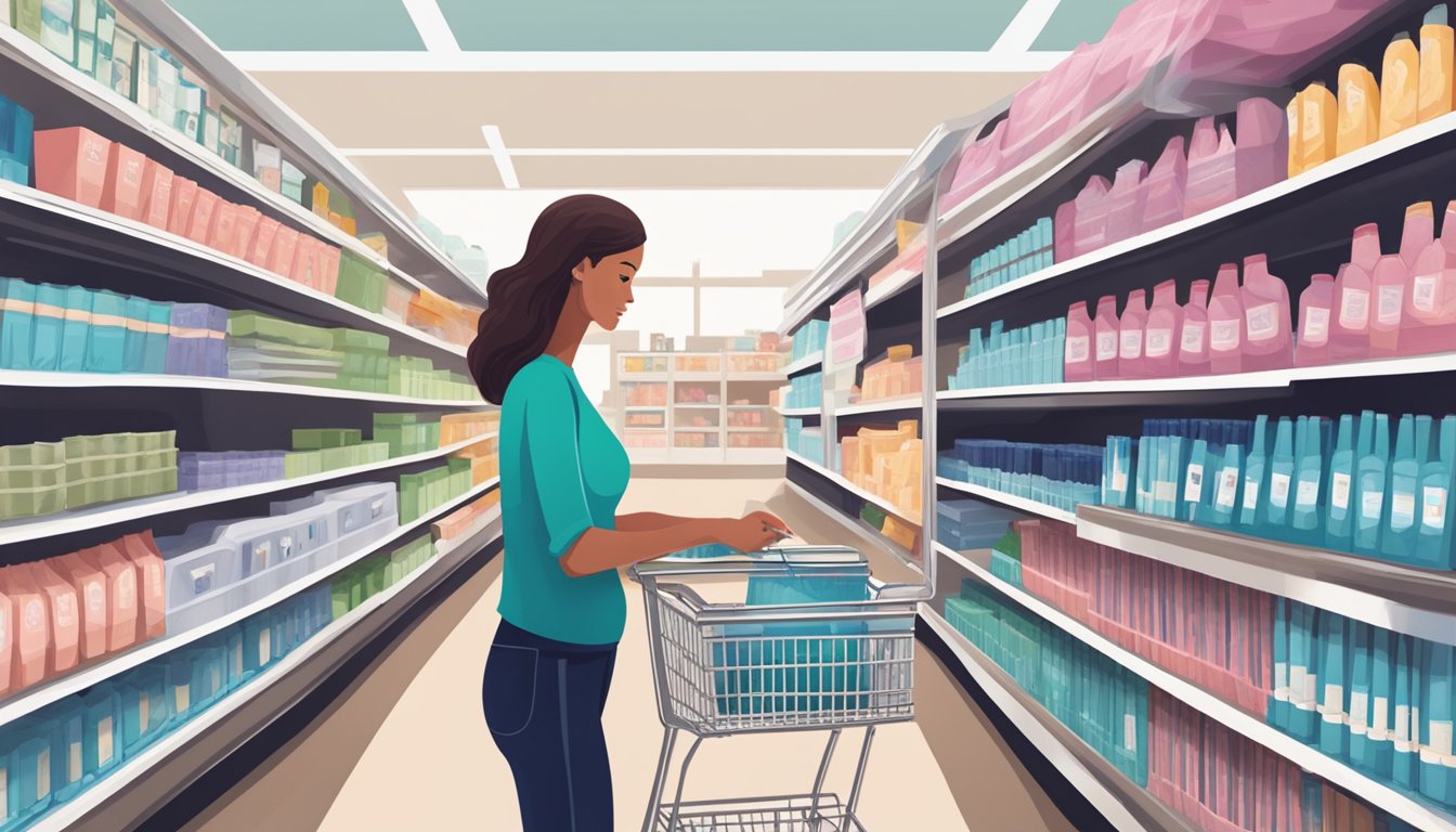 A woman placing a pregnancy test in her shopping cart at Albertsons