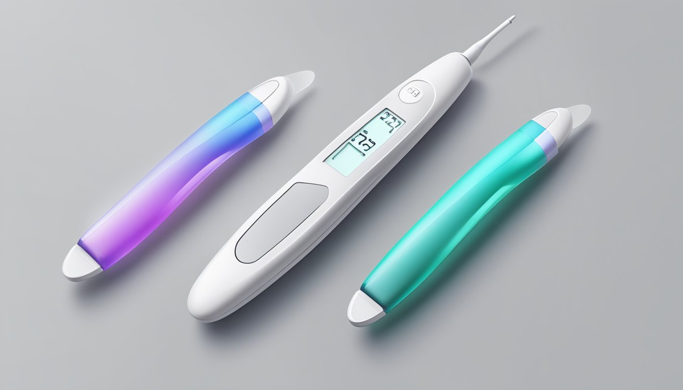 A hand holding a digital and non-digital pregnancy test next to each other on a clean, white surface