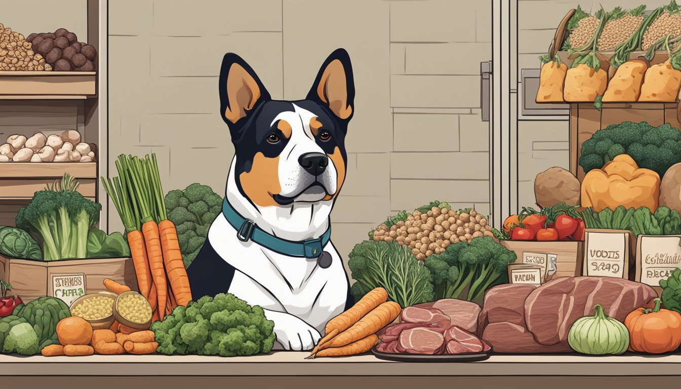 A dog standing in front of a variety of whole foods, including meat, vegetables, and grains, with a thoughtful expression on its face