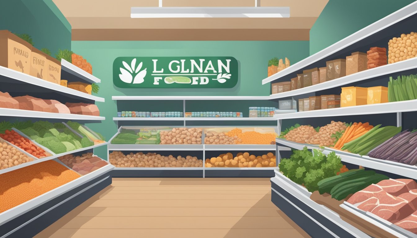 A variety of whole foods, such as fresh meats, vegetables, and grains, are displayed alongside affordable dog food options in a well-lit pet store aisle