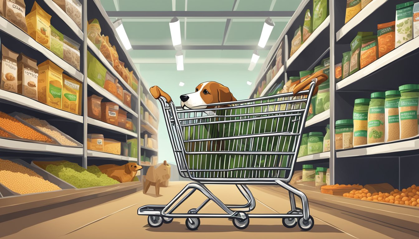 A dog happily sits in a shopping cart surrounded by shelves of organic whole foods dog food