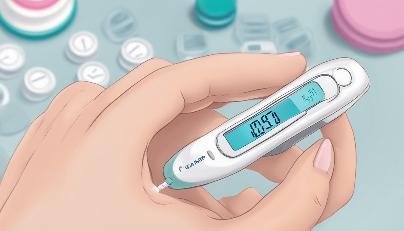 A hand holding a smart amp final pregnancy test with a timer in the background