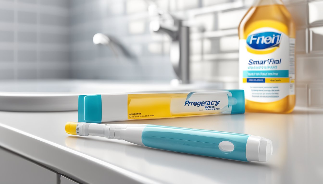 A smart and final pregnancy test sitting on a clean, white bathroom counter next to a small bottle of urine