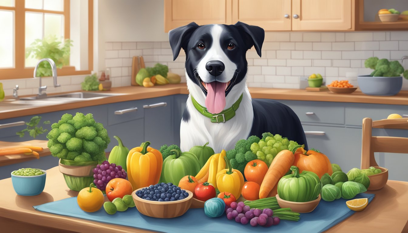 A happy dog with a shiny coat eagerly eats a bowl of fresh, wholesome food from Sprouts Farmers Market, surrounded by colorful fruits and vegetables