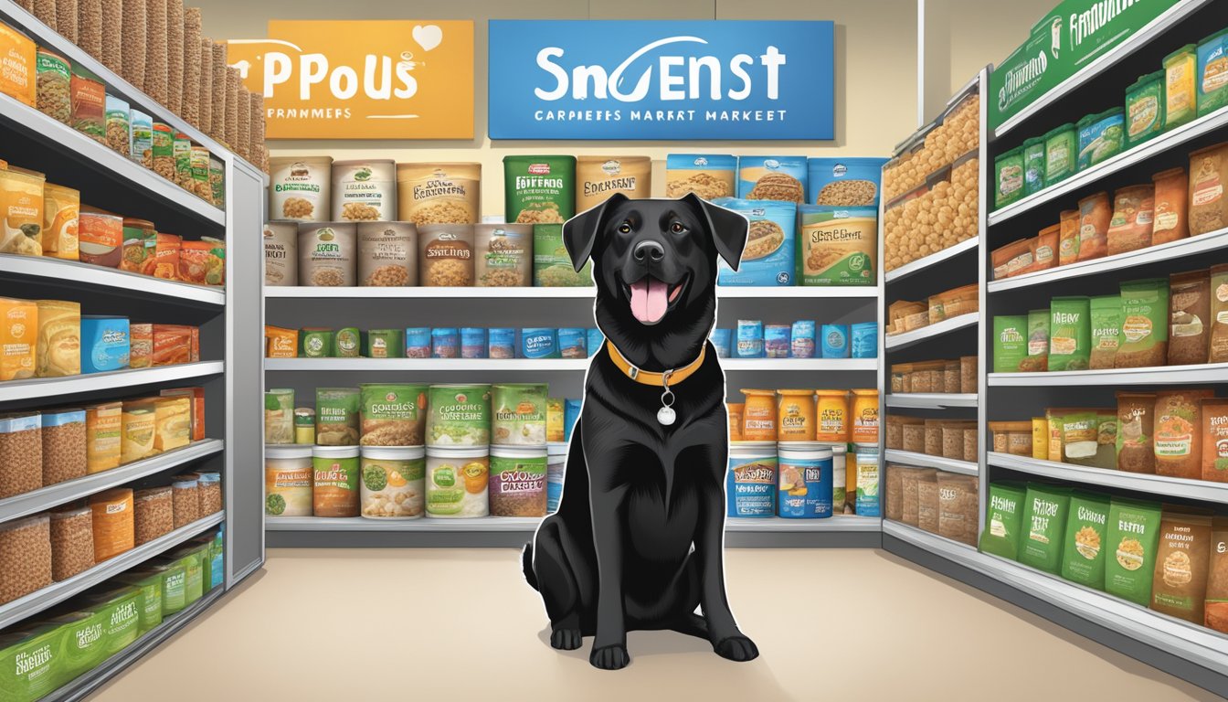 A dog stands in front of a display of Sprouts Farmers Market dog food, surrounded by various options of dry and canned food