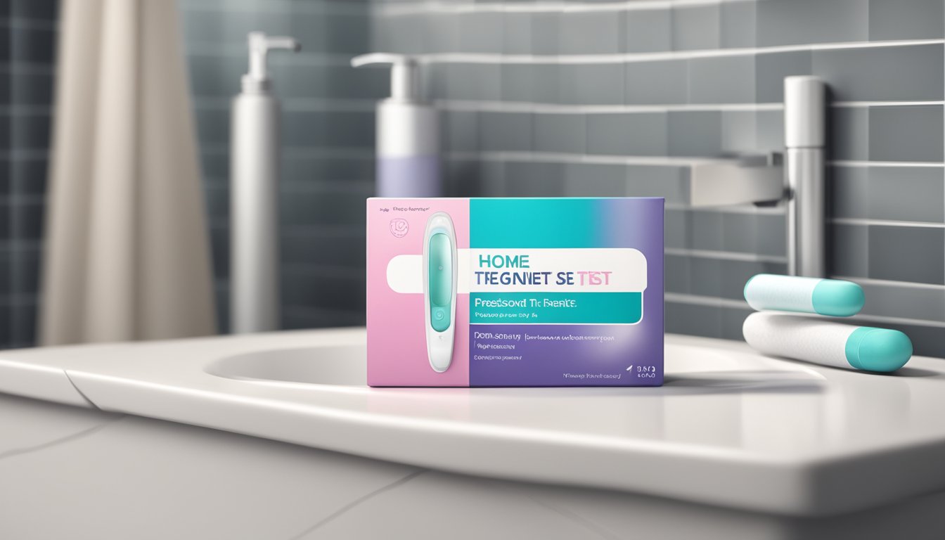 A home pregnancy test sitting on a bathroom counter, with a positive result displayed