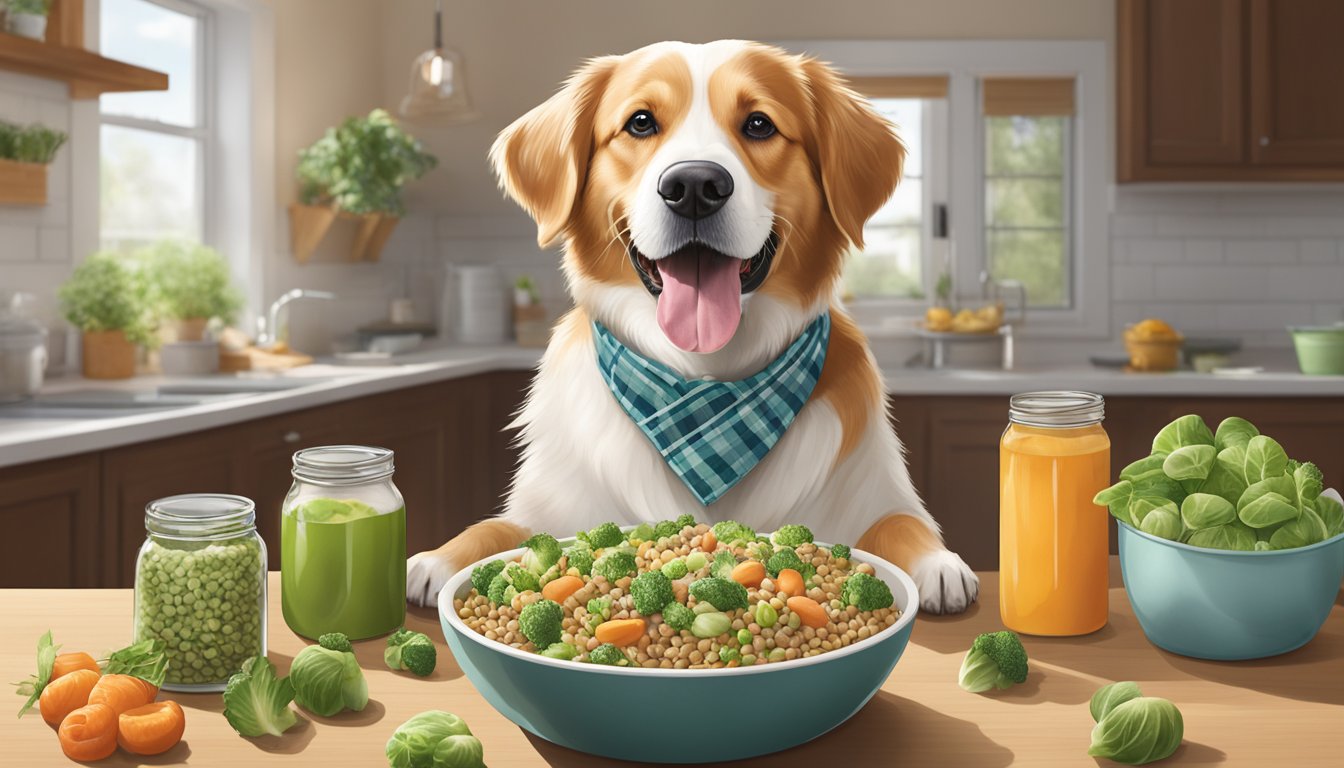 A happy dog eagerly eating from a bowl filled with Sprouts Farmers Market dog food, surrounded by fresh, wholesome ingredients