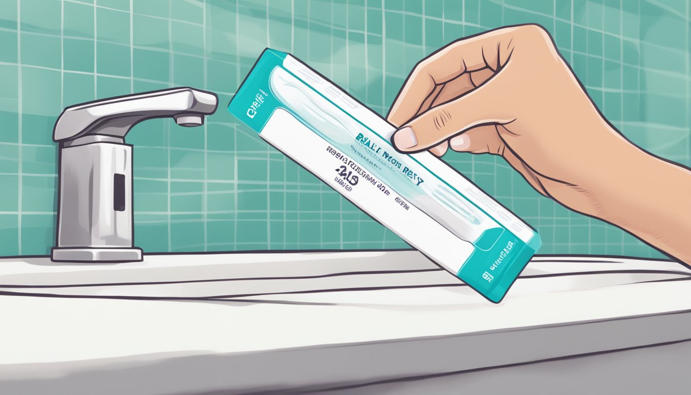 A hand holding a Raley's Pregnancy Test with a bathroom counter in the background