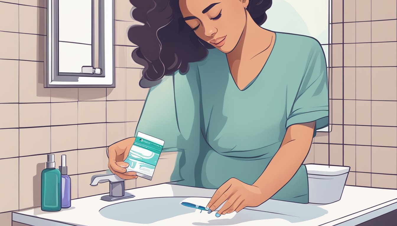 A woman placing a pregnancy test on a bathroom counter