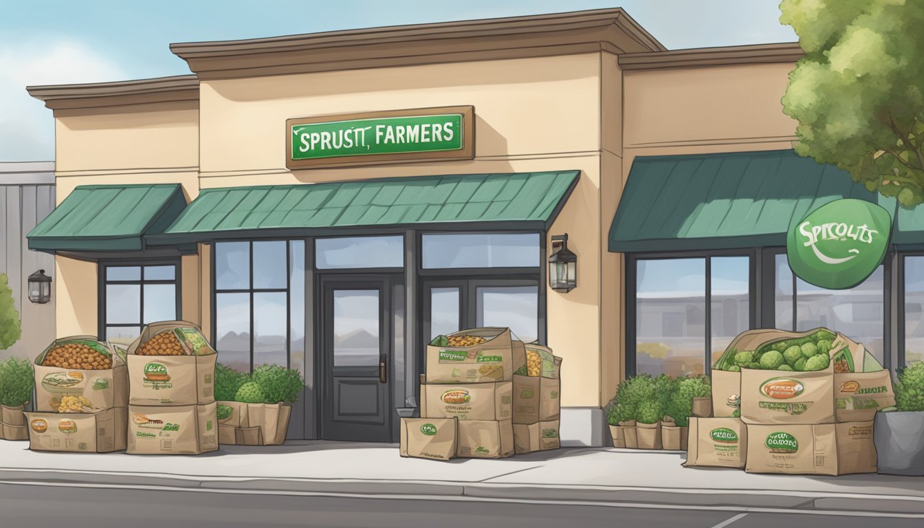 A dog food bag sits on a doorstep, with a delivery truck in the background and a Sprouts Farmers Market storefront in the distance