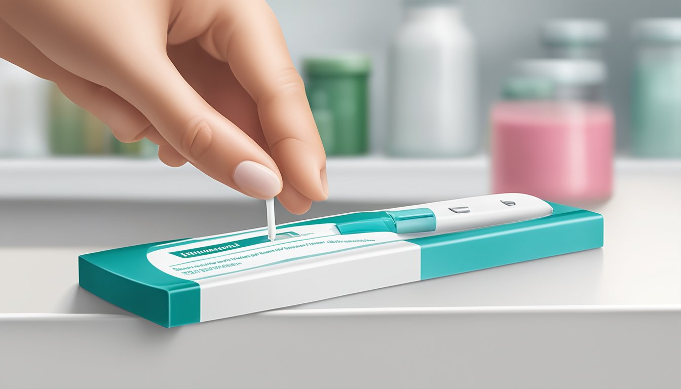 A hand places a Hannaford pregnancy test on a clean, white countertop