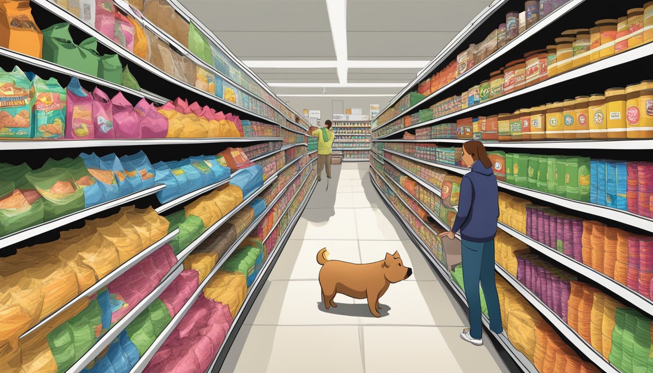 Aisle of Piggly Wiggly filled with shelves of colorful bags and cans of dog food, with a customer browsing the selection