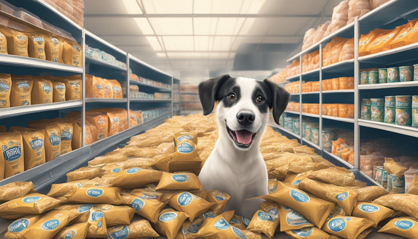 A happy dog surrounded by bags of Piggly Wiggly dog food, with a prominent "Promotions and Savings" sign displayed