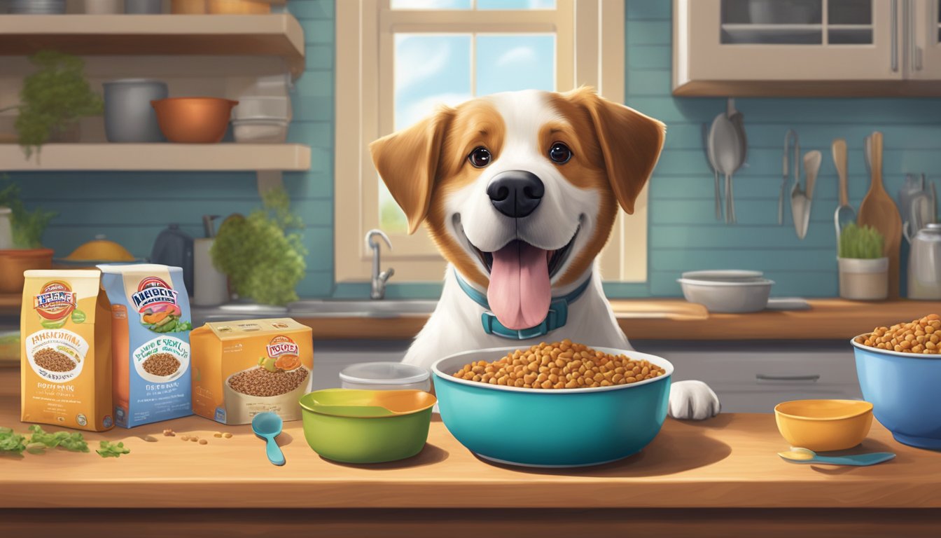 A happy dog eagerly eats Piggly Wiggly dog food from a colorful bowl in a cozy kitchen