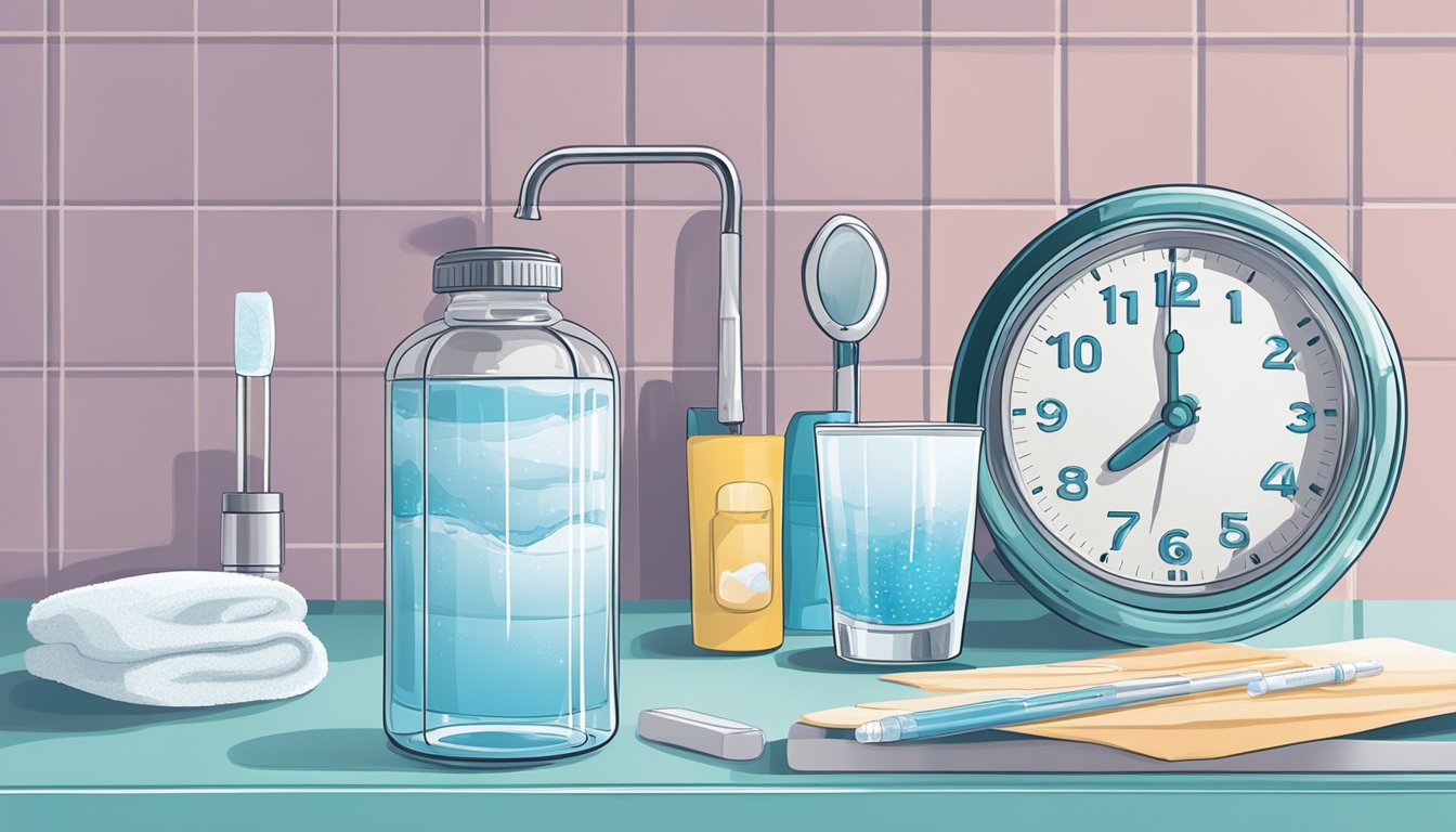 A hand holding a hannaford pregnancy test next to a clock and a glass of water on a bathroom counter