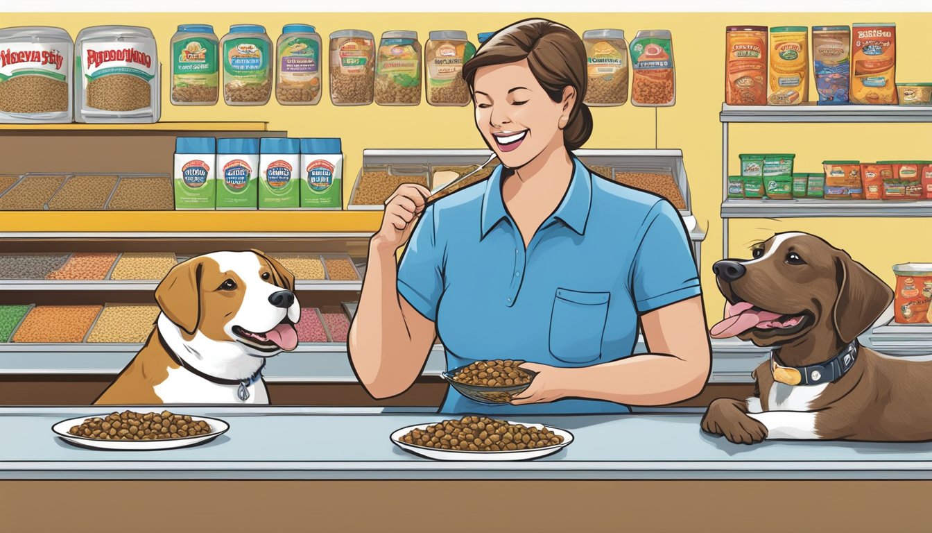 A happy dog eagerly eats Piggly Wiggly dog food while a customer service representative engages with pet owners