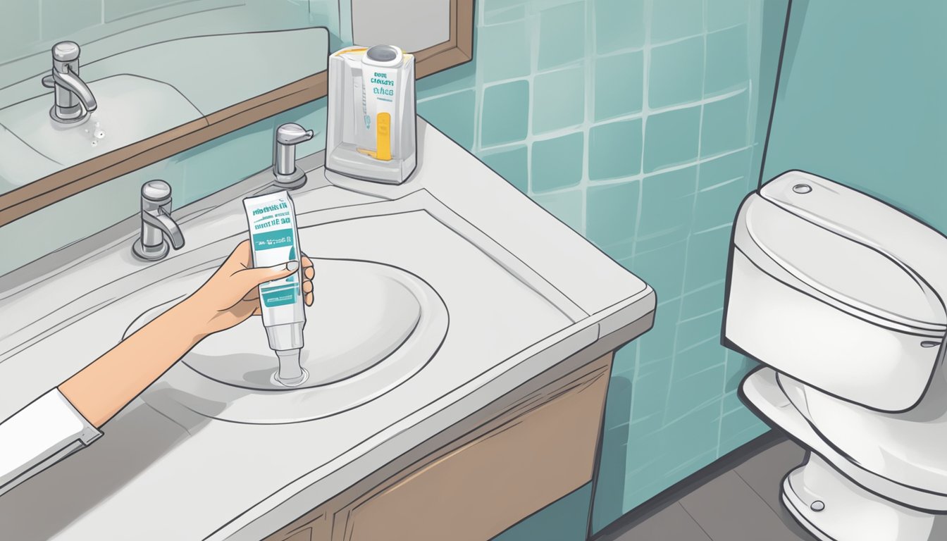 A hand holding a Hannaford pregnancy test next to a bathroom sink with a small cup for urine sample