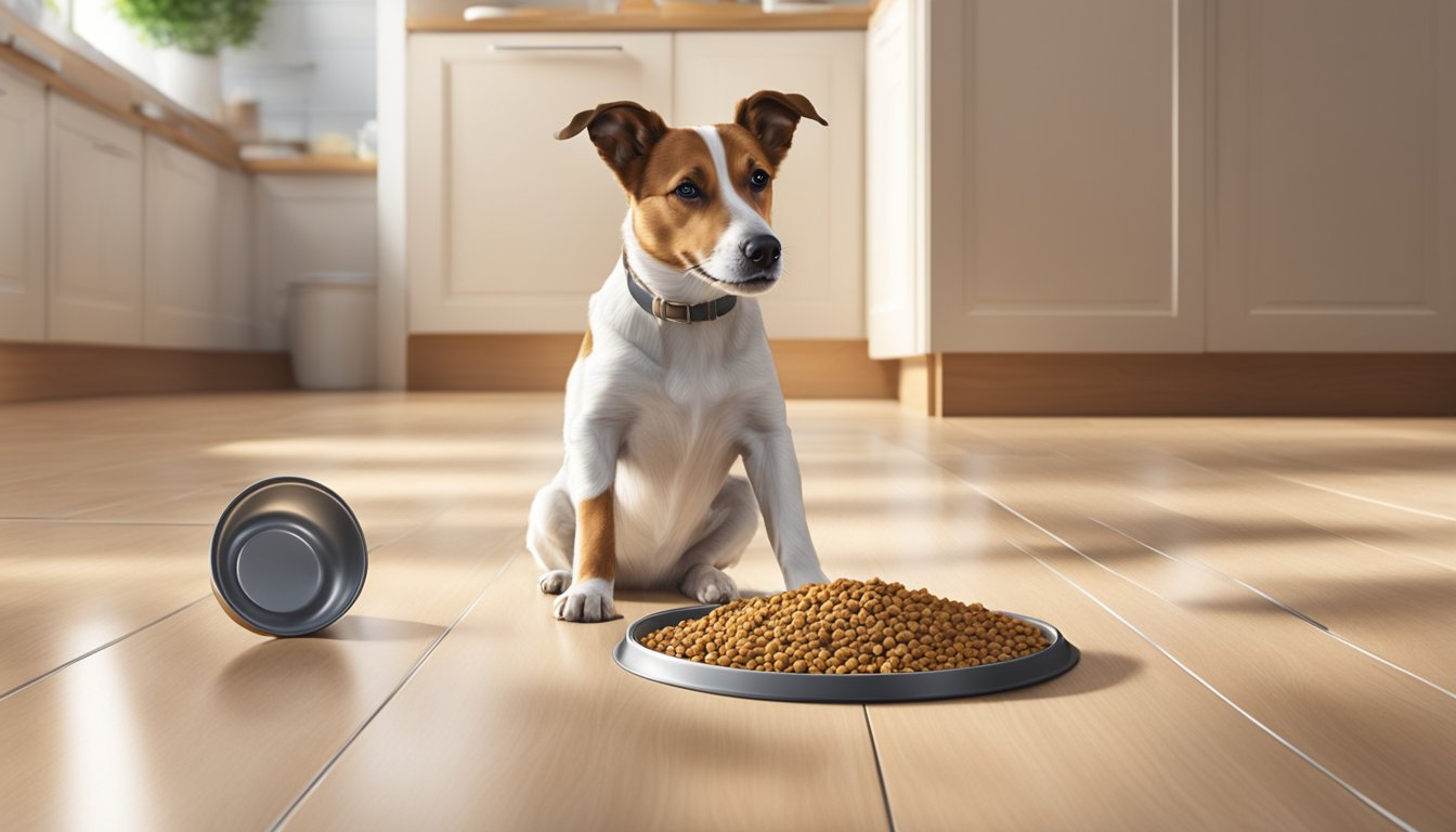 A happy dog eating ShopRite dog food from a bowl on a clean kitchen floor