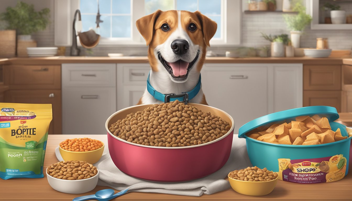 A dog happily eating a bowl of ShopRite dog food, with a variety of specific dietary needs labeled on the packaging