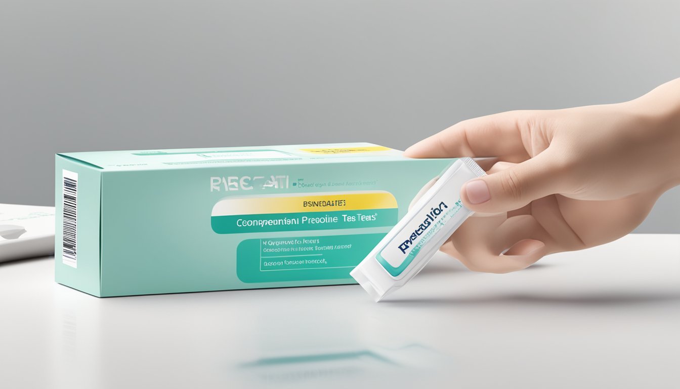 A hand holding a pregnancy test box with a clear display of the product and its packaging, sitting on a clean, white countertop