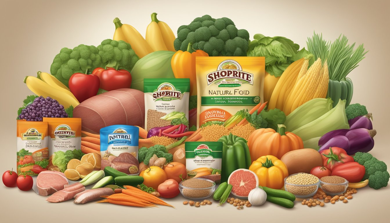 A colorful display of fresh vegetables, fruits, and grains arranged next to a selection of high-quality meats and fish, all labeled as natural ingredients for Shoprite dog food