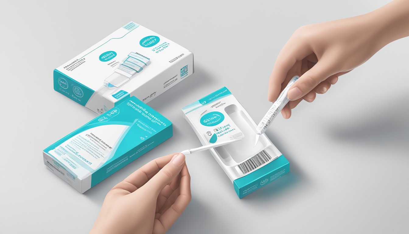 A hand holding a pregnancy test over a clean, white surface with the packaging and instructions nearby