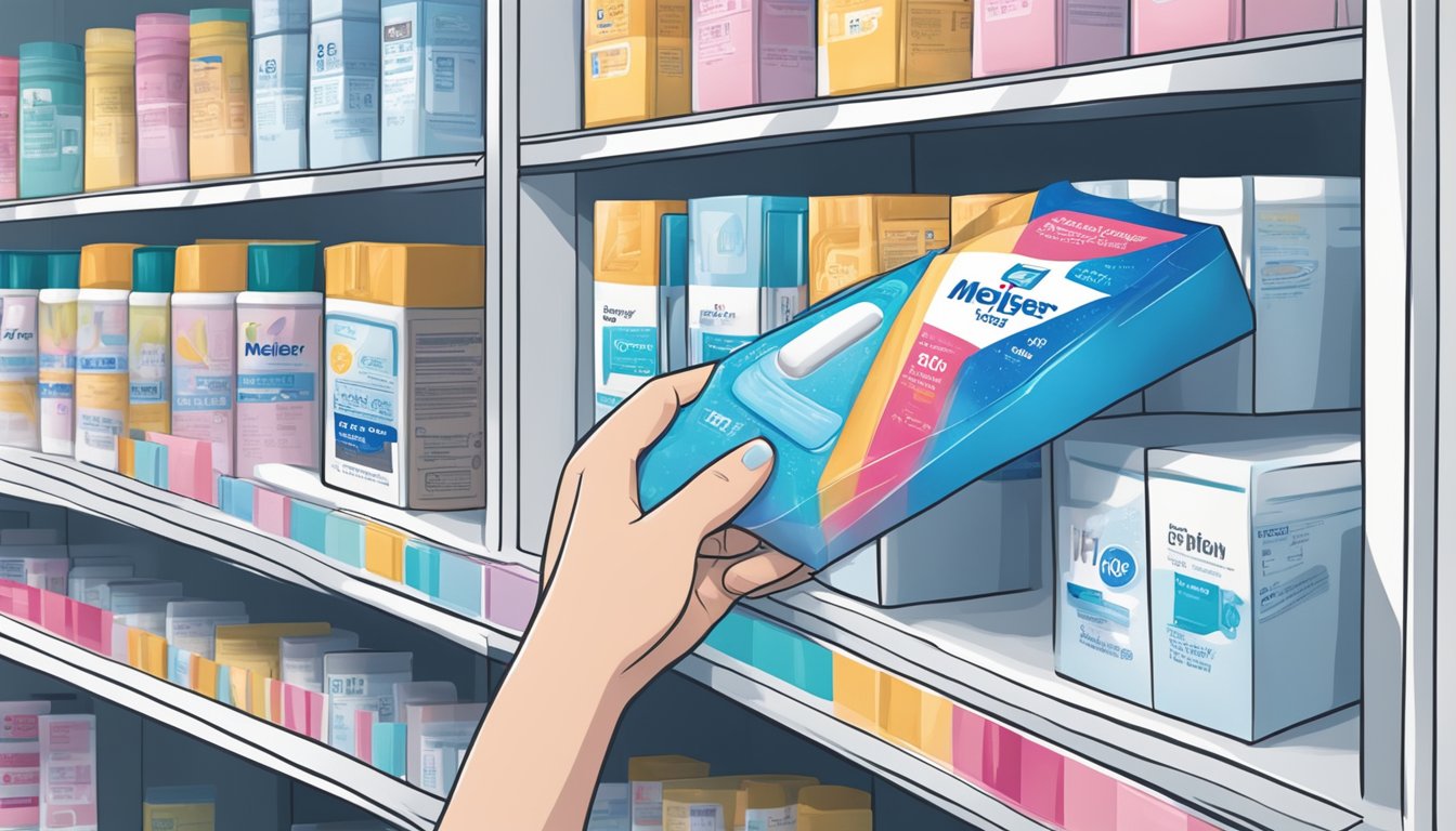 A hand reaching for a box of Meijer Pregnancy Tests on a pharmacy shelf