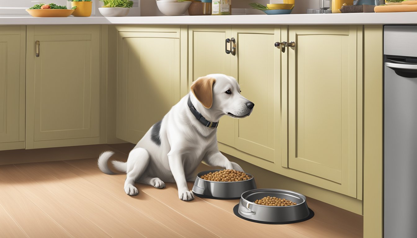 A dog happily eating Stop & Shop dog food from a bowl on a clean kitchen floor