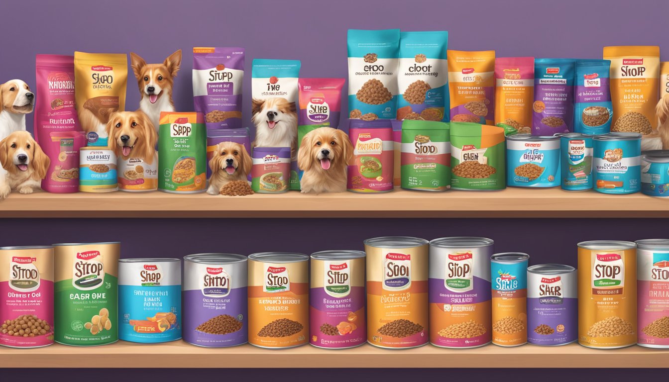 A shelf filled with various bags and cans of Stop & Shop dog food, surrounded by happy dogs