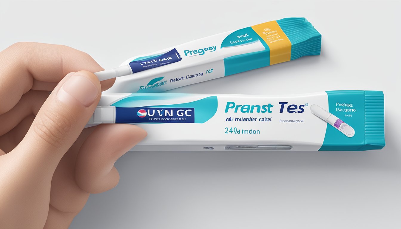 A hand holding a pregnancy test over a clean, white surface. The test is clearly visible and the packaging is recognizable as Giant Eagle brand