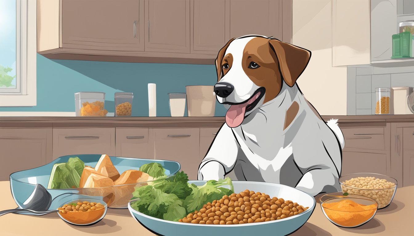 A dog happily eating from a bowl of specialized dog food, with a variety of ingredients and dietary considerations displayed nearby