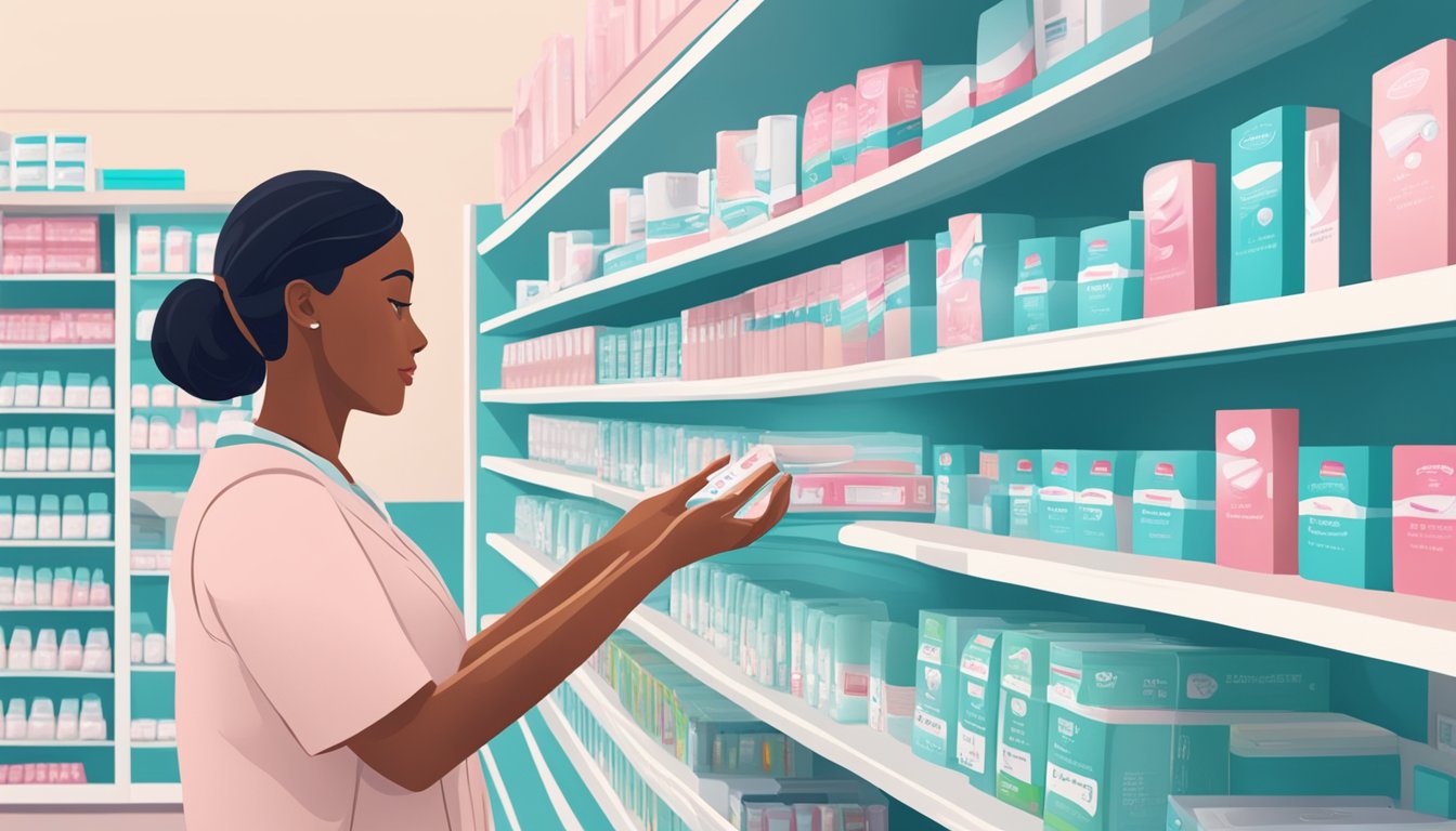 A hand reaches for a box of pregnancy tests on a shelf in a brightly lit pharmacy aisle