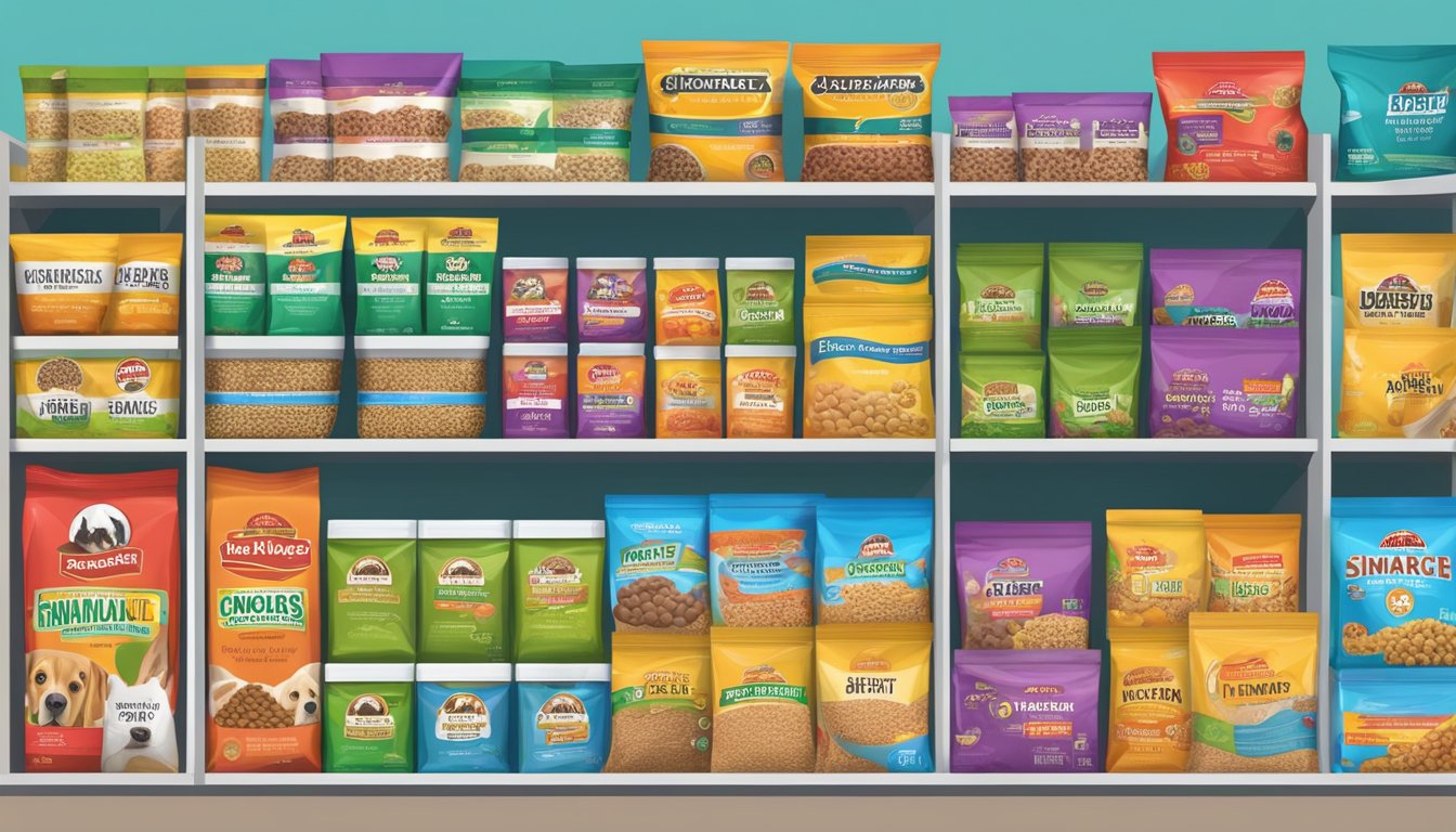 A shelf filled with colorful bags of Save Mart dog food, neatly organized and labeled