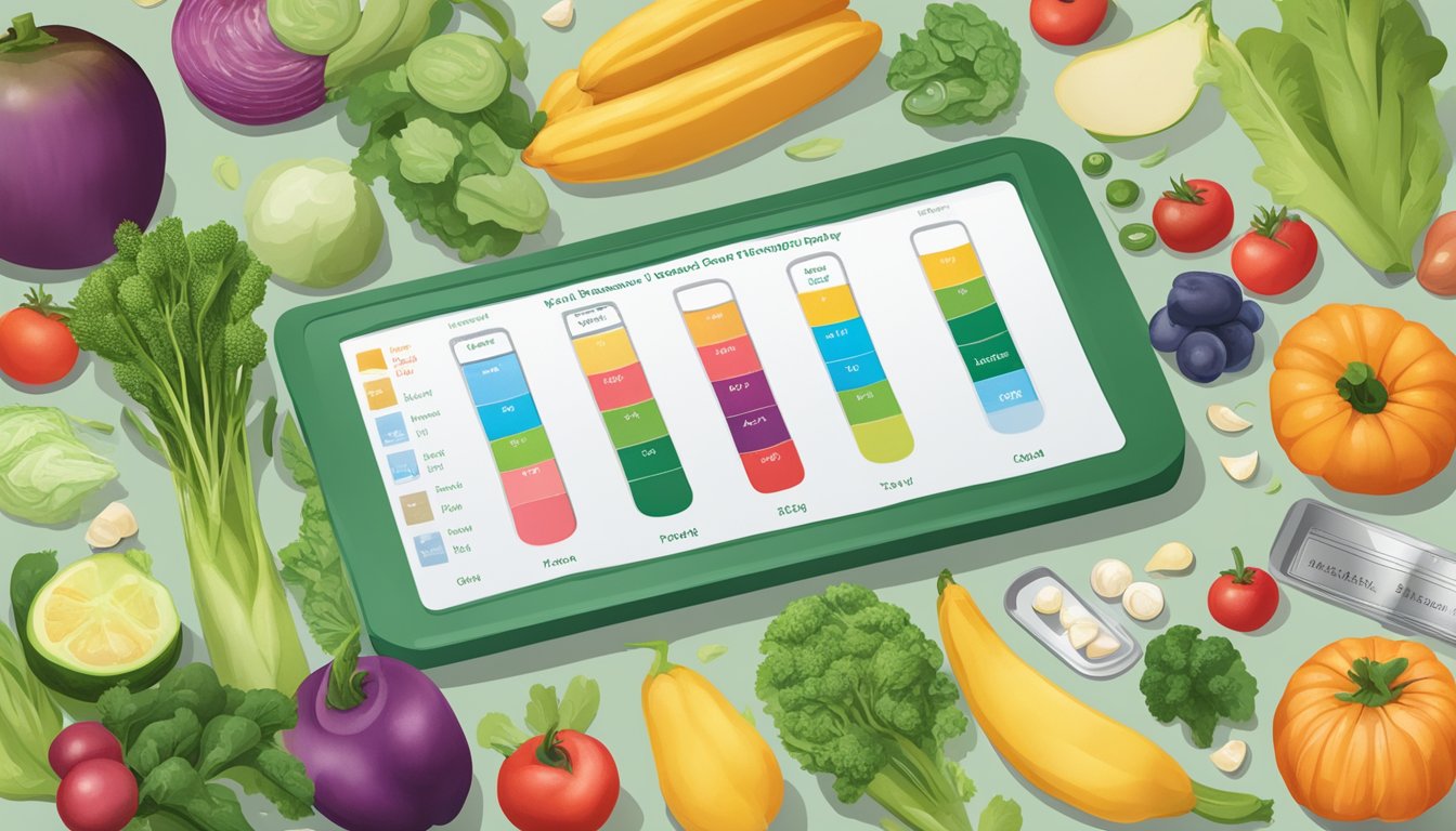 A giant food pregnancy test surrounded by fresh produce and a nutrition guide