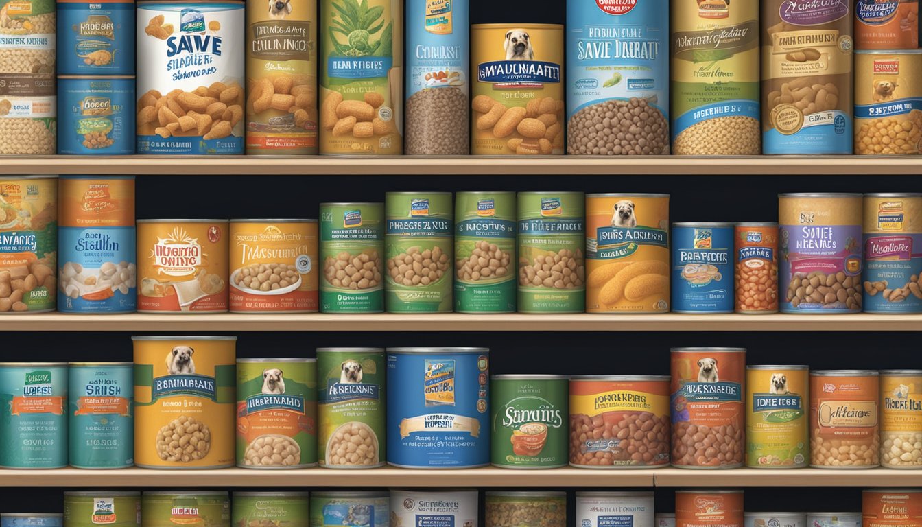 Several cans of popular Save Mart dog food brands arranged on a shelf