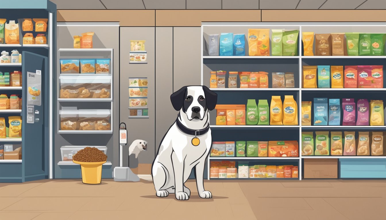 A dog standing in front of a row of dog food options at a pet store, with various brands and types of food on display