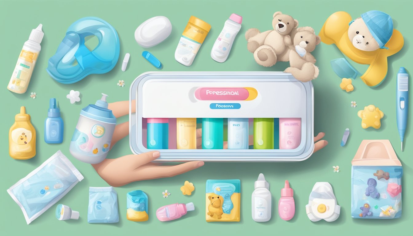 A hand holding a pregnancy test box with a positive result, surrounded by various baby-related items like diapers, baby bottles, and a teddy bear