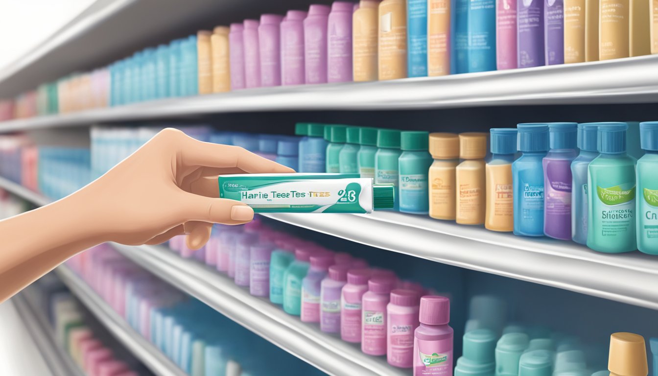 A hand reaching for a Harris Teeter pregnancy test on a store shelf