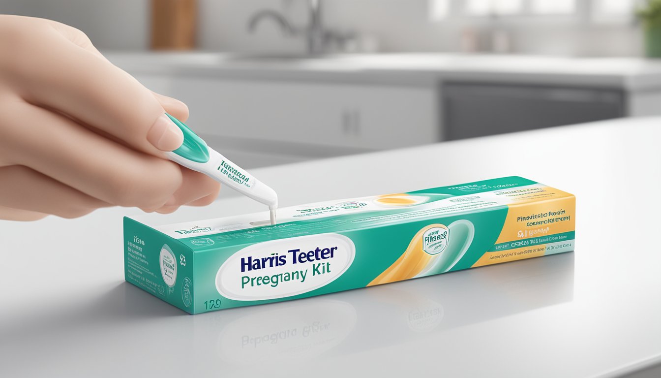 A hand holding a Harris Teeter pregnancy test kit on a clean, white countertop with soft, natural lighting