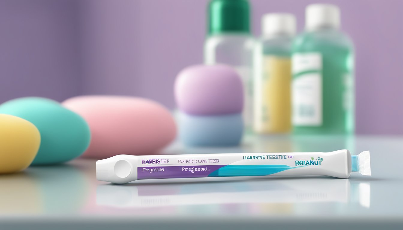 A discarded Harris Teeter pregnancy test with negative results on a bathroom counter