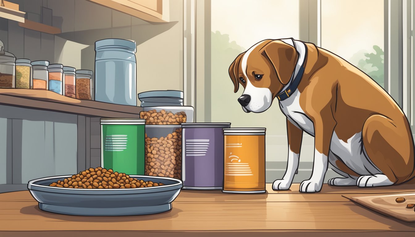 A dog eagerly sniffs a bowl of dry kibble while canned food and raw meat sit nearby